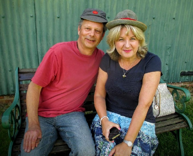 Michael Mehta (1971) & April Jobling (1971) outside The Schoolroom, Tilford Rural Life Centre