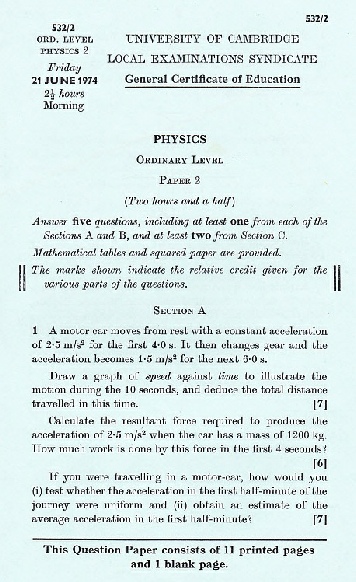 Physics O level paper 1974